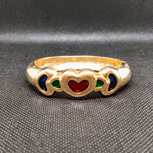 Red, Blue, & Green Jewel Tone Enameled Heart Shaped Gold Tone Fashion Bracelet - Picture 1 of 7